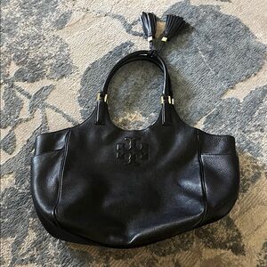 Tory Burch Black Pebbled Leather Tote with Tassels